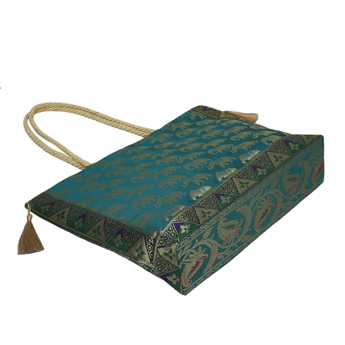 E - Ezra Designer Ethnic Handmade Brocade Silk Tote Bag For Women's Shoulder Bag Shopping Bag For Girls 16 Inch (Green) - Image 5