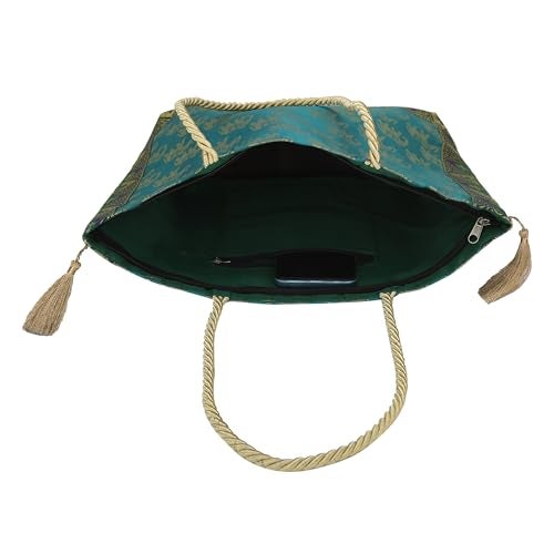E - Ezra Designer Ethnic Handmade Brocade Silk Tote Bag For Women's Shoulder Bag Shopping Bag For Girls 16 Inch (Green) - Image 4