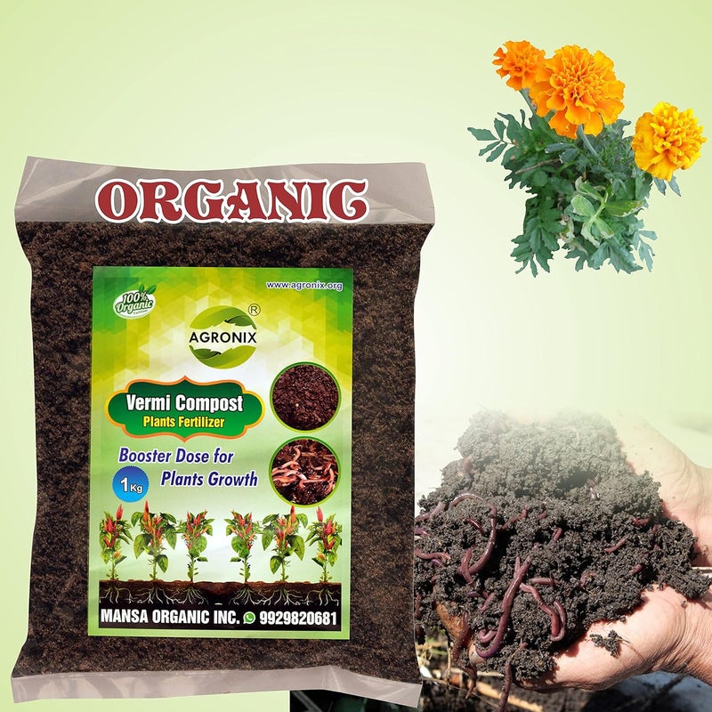 AGRONIX Organic Vermi Compost Plant Fertilizer Organic Manure for Balcony Terrace and Home Gardening 1 KG - Image 1