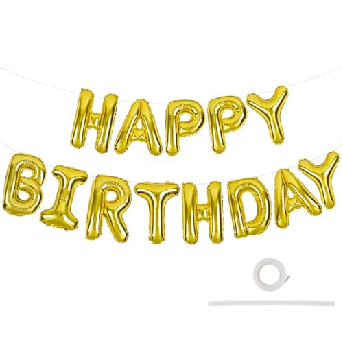 TONIFUL 3D Gold Happy Birthday Balloons Banner with Ribbon Straw 16 Inch Mylar Foil Letters Birthday Sign Banner Balloon Bunting Reusable for Girls Boys Kids Adults Birthday Halloween Supplies - Image 1