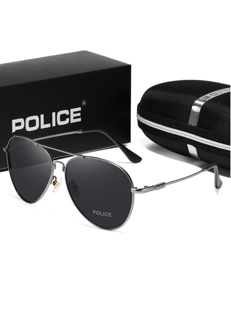 POLICE Pilot Polarized Sunglasses,Cycling Sunglasses, with UV 400 Protection Metal Frame for Men,Gun Grey - Image 1