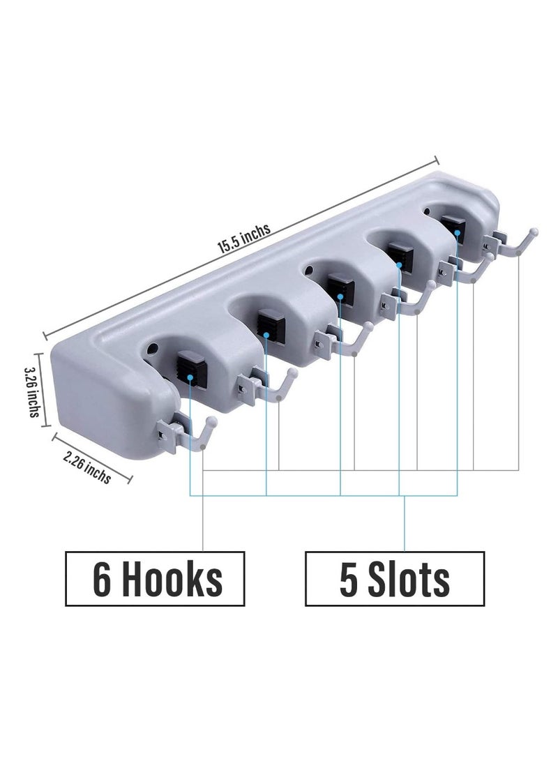 Mop Holder, Broom Organizer with 5 Slots - The Perfect Solution for Organizing Cleaning Tools and Kitchen, Wall-Mounted Heavy-Duty Holder for Brooms and Mops with 5 Slots and 6 Hooks for Home, Garden, Garage, and Storage Room. Wall-Mounted Organizer for Brooms, Mops, Dusters, and Brushes, Plastic, Kitchen Organizer, Multi-Position Broom Rack, Wall-Mounted Mop Organizer, Broom Holder for Wall with 5 Slots and 6 Hooks for Home, Kitchen, and Garden Use.  - Image 2