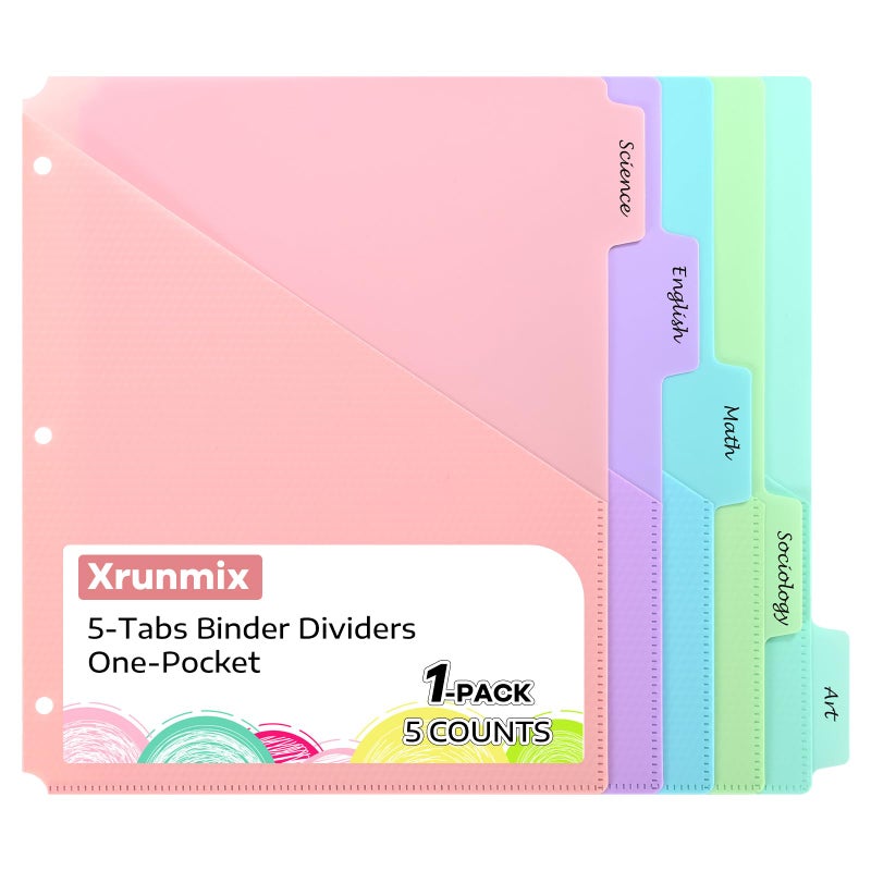 XRUNMIX 5 Tabs Dividers with Pockets for 3 Ring Binder, 5 Counts Binder Dividers for US Letter Size, Binder Dividers with Tabs for School Office and Home Organization, 5 Pastel Color (1) - Image 1