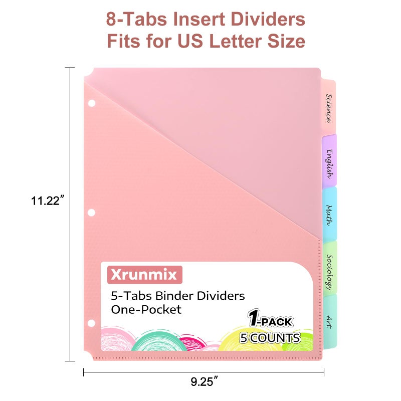 XRUNMIX 5 Tabs Dividers with Pockets for 3 Ring Binder, 5 Counts Binder Dividers for US Letter Size, Binder Dividers with Tabs for School Office and Home Organization, 5 Pastel Color (1) - Image 2
