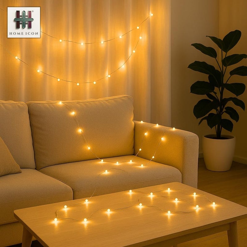 Home Icon أضواء خيطية كروية متصدعة ديكورية - 5م 50 LED أبيض ناعم تعمل بالبطارية - Image 3