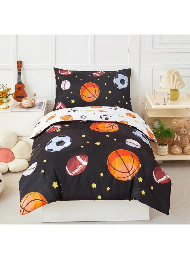PERFEMET Sports Theme Toddler Boys Bedding Set 4 Pieces Basketball Football Printed Toddler Comforter Set Reversible Design Ball Games Bed in A Bag (Black) - Image 1