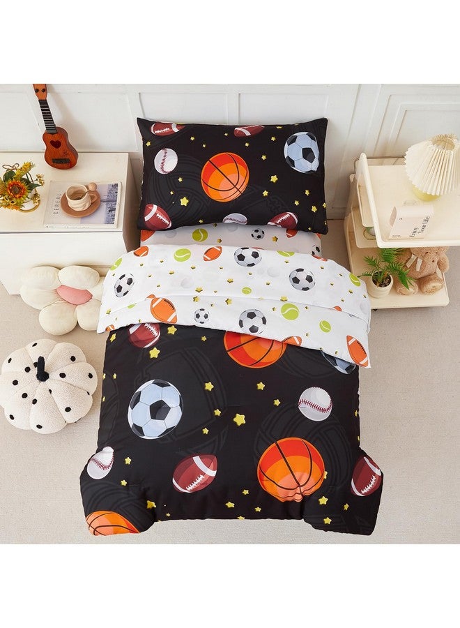 PERFEMET Sports Theme Toddler Boys Bedding Set 4 Pieces Basketball Football Printed Toddler Comforter Set Reversible Design Ball Games Bed in A Bag (Black) - Image 2