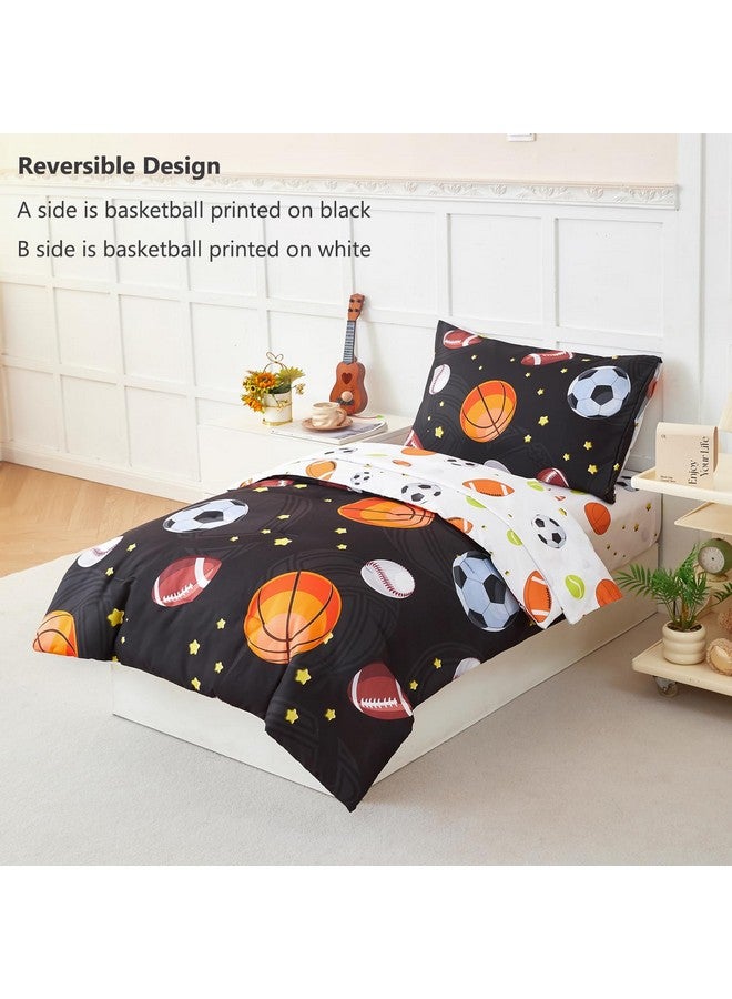 PERFEMET Sports Theme Toddler Boys Bedding Set 4 Pieces Basketball Football Printed Toddler Comforter Set Reversible Design Ball Games Bed in A Bag (Black) - Image 3