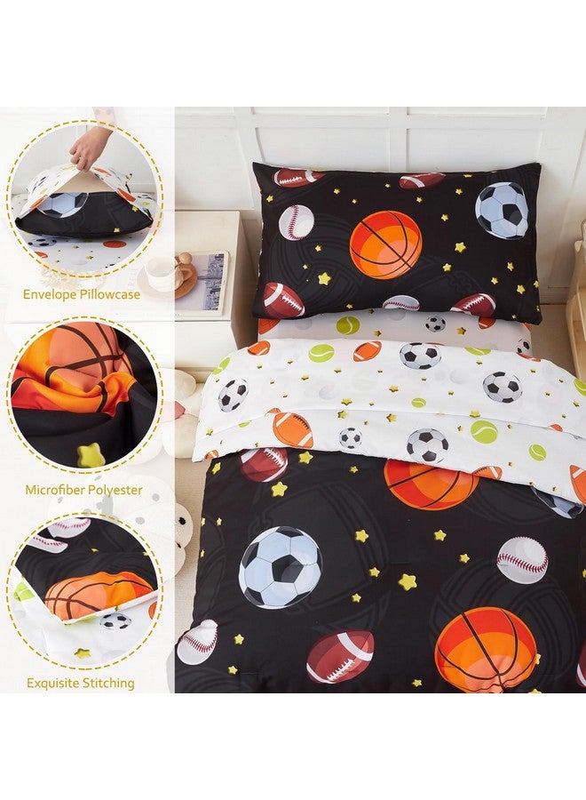 PERFEMET Sports Theme Toddler Boys Bedding Set 4 Pieces Basketball Football Printed Toddler Comforter Set Reversible Design Ball Games Bed in A Bag (Black) - Image 4