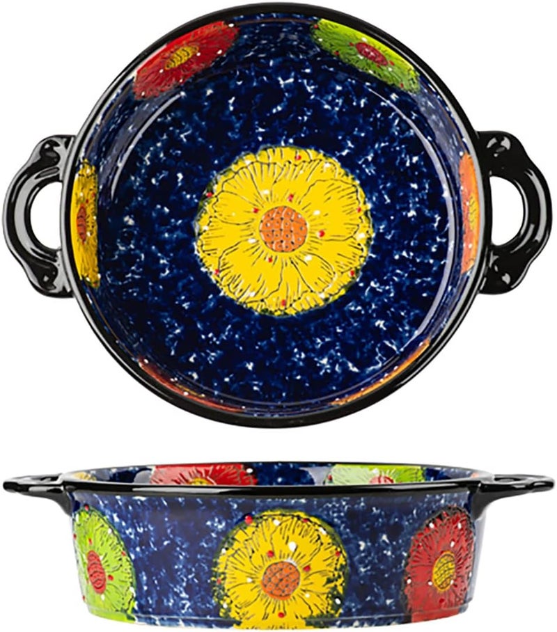 Bicuzat Vintage Style Pottery Bakeware Colorful Daisy Pattern Ceramic Casserole Dish Baking Pan Lasagna Pans Baking Dish with Handles from Oven to Table Plate-1 PCS, 32 OZ - Image 1