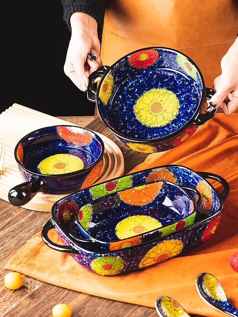 Bicuzat Vintage Style Pottery Bakeware Colorful Daisy Pattern Ceramic Casserole Dish Baking Pan Lasagna Pans Baking Dish with Handles from Oven to Table Plate-1 PCS, 32 OZ - Image 5