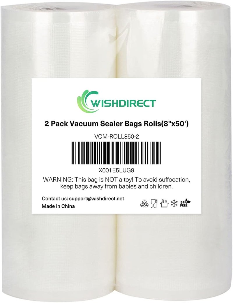 WishDirect Vacuum Sealer Bags Rolls (2-Pack), 8” X 50’ Heavy Duty Commercial Grade Embossed Bags for Food Preservation Freezer Sous Vide Cooking(Total 100 Feet) - Image 1