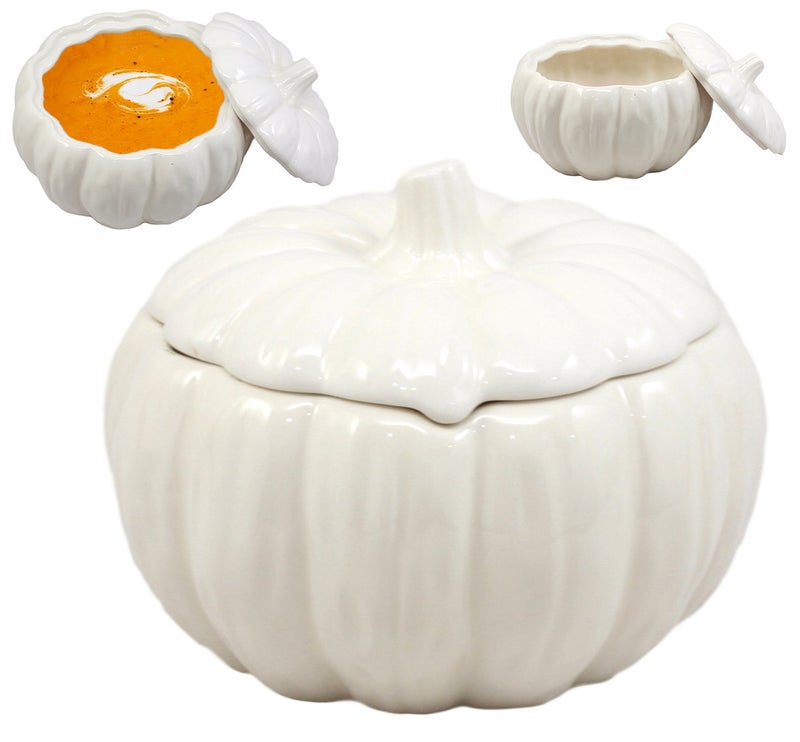 Ebros Gift Ceramic Stoneware White Harvest Pumpkin Bowl With Lid 6"" Diameter (1) - Image 1