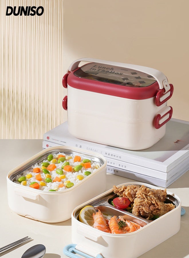 DUNISO Stainless Steel Lunch Box Stackable Double Layered Bento Box Portable Large Capacity Leak Proof Lunch Box with Cutlery and Detachable Silicone Handle Divided Food Meal Storage Containers for School Office Camping Outdoor， Microwave Oven Safety - Image 1