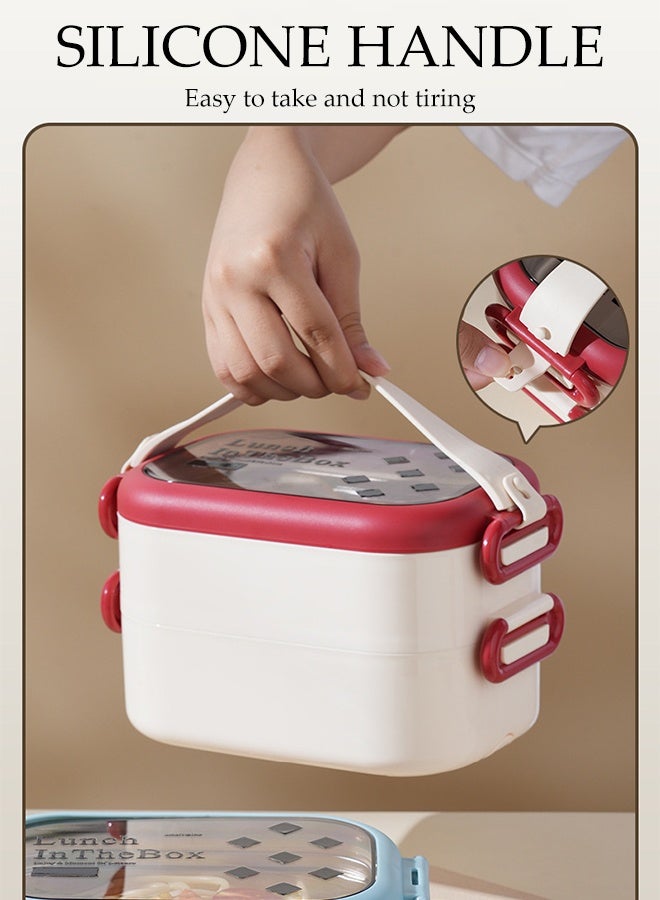DUNISO Stainless Steel Lunch Box Stackable Double Layered Bento Box Portable Large Capacity Leak Proof Lunch Box with Cutlery and Detachable Silicone Handle Divided Food Meal Storage Containers for School Office Camping Outdoor， Microwave Oven Safety - Image 3