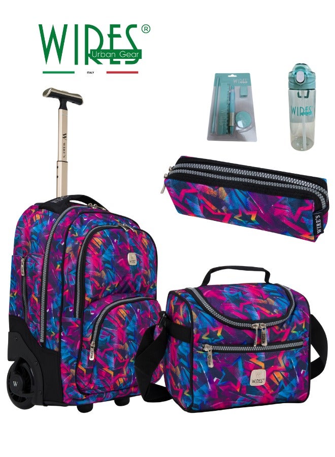 Wires 3 Piece Kids School Trolley Bag laptop compartment 2 Wheels With Lunch bag & Pencil Case  - Image 1