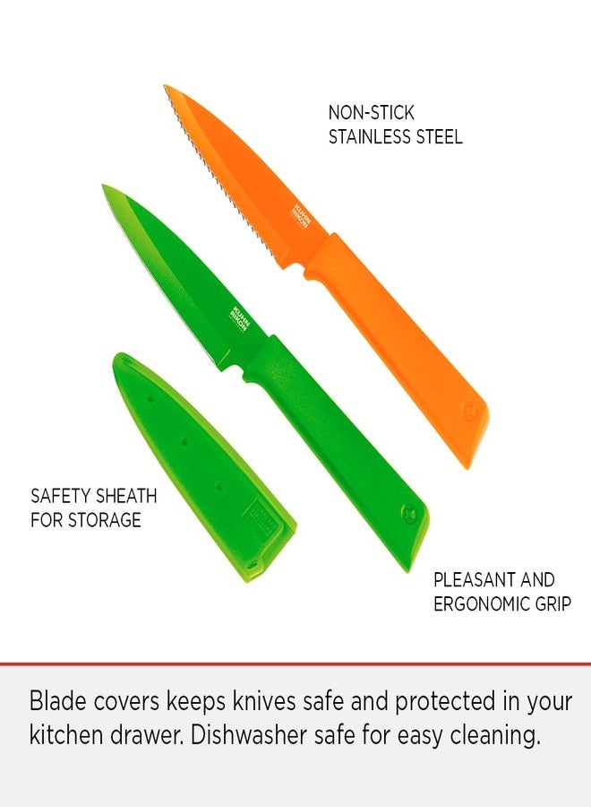 كون ريكون سكاكين تقشير كون ريكون كولوري+ غير لاصقة، مستقيمة ومسننة، مع أغطية أمان، طقم من قطعتين، برتقالي وأخضر - Image 5