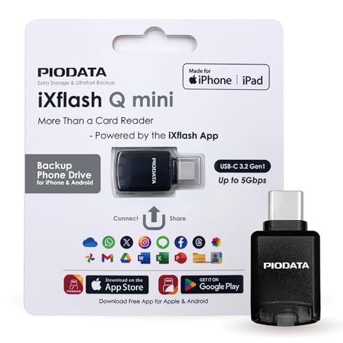 Piodata Phone Memory Card Reader: Micro SD USB-C Drive for iPhone and Android, Auto Photo & Video Backup, iXflash Q mini Apple MFi Portable Flash Storage with Free App and MicroSD Slot Adaptor Black - Image 1