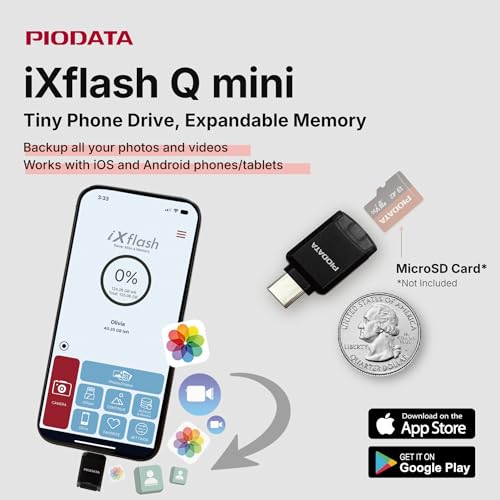 Piodata Phone Memory Card Reader: Micro SD USB-C Drive for iPhone and Android, Auto Photo & Video Backup, iXflash Q mini Apple MFi Portable Flash Storage with Free App and MicroSD Slot Adaptor Black - Image 2