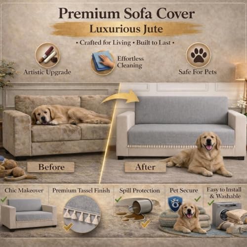 STITCHNEST Jute Sofa Cover – Grey, 24x60 Inch | Soft Textured Fabric with Tassel| Full Coverage Sofa for Living Room Décor - Image 4