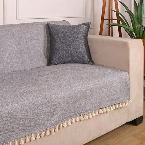 STITCHNEST Jute Sofa Cover – Grey, 24x60 Inch | Soft Textured Fabric with Tassel| Full Coverage Sofa for Living Room Décor - Image 1