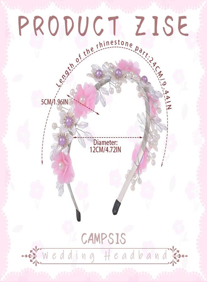 Campsis Flower Princess Headpiece Pink Headband for Girls Pearl Hair Bands Wedding Bride Hair Accessories for Women - Image 2