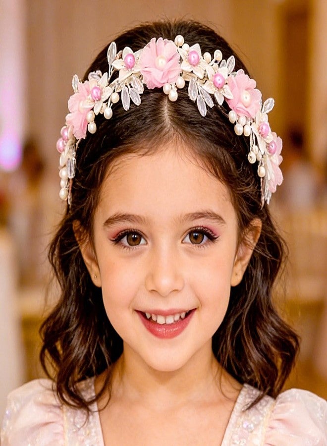Campsis Flower Princess Headpiece Pink Headband for Girls Pearl Hair Bands Wedding Bride Hair Accessories for Women - Image 1