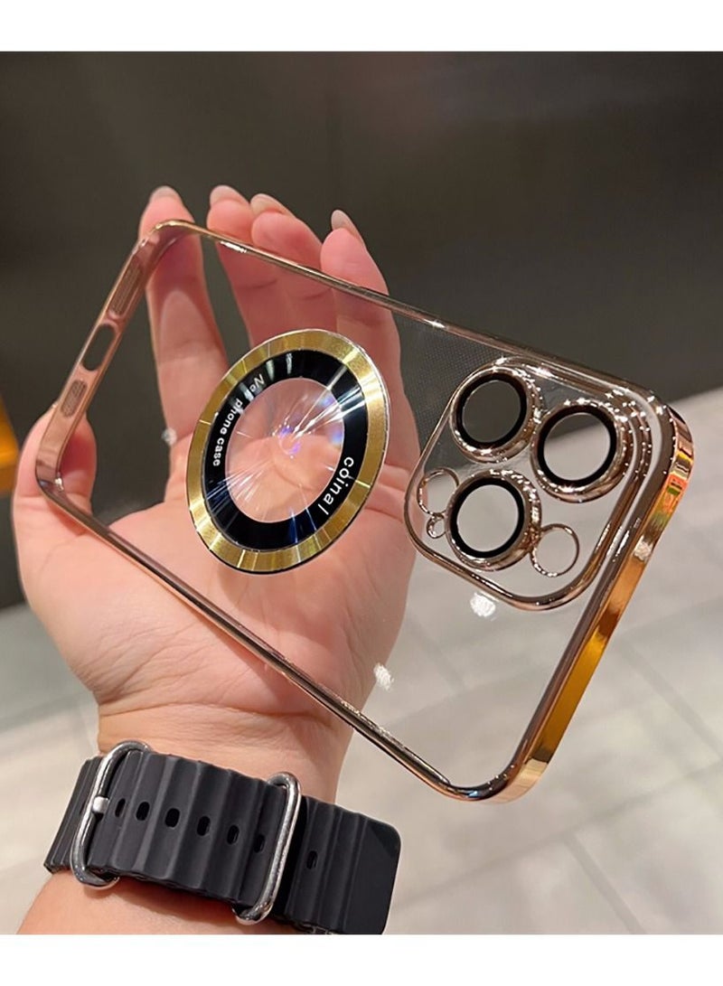 Color Fans for iPhone 13 Pro Case Magnetic Compatible with Magsafe Glass Lens Camera Protector Logo View Hard Luxury Phone Case for Women Men Transparent Cover Gold - Image 2