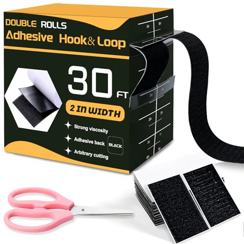 BlissfulBlend 30 Ft×2 Inches Hook and Loop Tape, Strong Viscosity Adhesive Back Arbitrary Cutting, Sticky for Fabrics Nylon Self Adhesive Tape for Home Office School and Crafting, Reuse 2 Rolls Black and A Scissors - Image 1