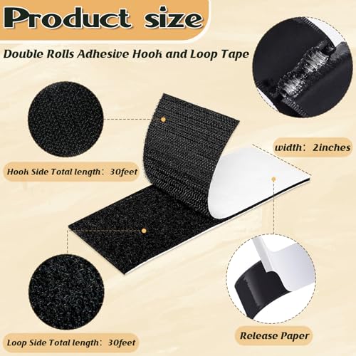 BlissfulBlend 30 Ft×2 Inches Hook and Loop Tape, Strong Viscosity Adhesive Back Arbitrary Cutting, Sticky for Fabrics Nylon Self Adhesive Tape for Home Office School and Crafting, Reuse 2 Rolls Black and A Scissors - Image 2