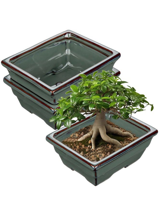 Villa Como Ceramic Bonsai Pots with Drainage Hole Set of 2, Green Glazed Bonsai Planters for Indoor/Outdoor Use, Rectangular Shallow Bonzai Tree Pot for Succulent, Orchids, Cacti, Home, Patio, Garden, 6.3"x4.9" - Image 1