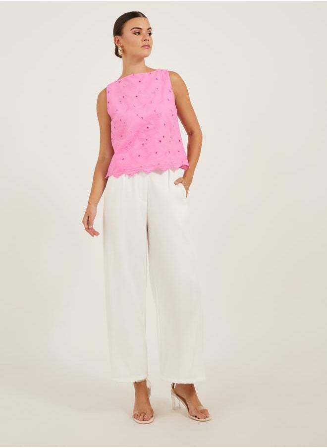 Styli - Embroidered Scalloped Hem Sleeveless Top - Image 1