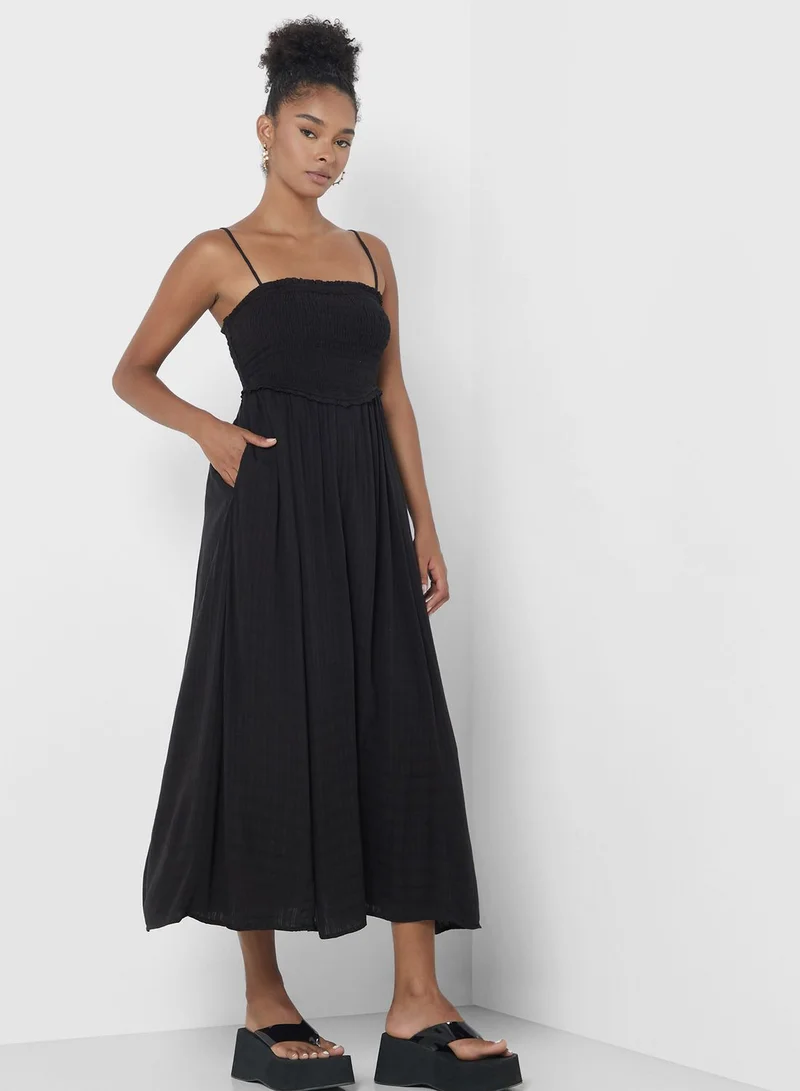American Eagle Black Smocked Midi Dress
