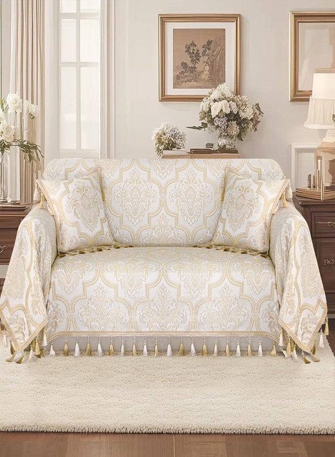 Loom and Mill Luxury Elegant Sofa Covers, European Damask Floral Couch Cover Sofa Throw Cover with Tassels for 2-3 Cushion Couch, Sectional Couch Covers Sofa Slipcover for Dogs, Beige Gold, 71" X 118" - Image 2