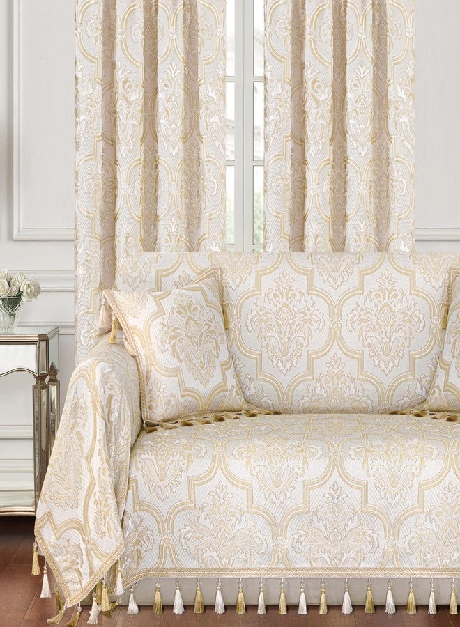 Loom and Mill Luxury Elegant Sofa Covers, European Damask Floral Couch Cover Sofa Throw Cover with Tassels for 2-3 Cushion Couch, Sectional Couch Covers Sofa Slipcover for Dogs, Beige Gold, 71" X 118" - Image 1