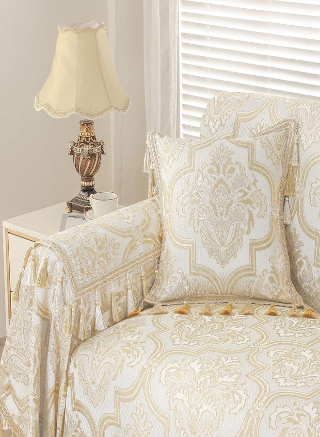 Loom and Mill Luxury Elegant Sofa Covers, European Damask Floral Couch Cover Sofa Throw Cover with Tassels for 2-3 Cushion Couch, Sectional Couch Covers Sofa Slipcover for Dogs, Beige Gold, 71" X 118" - Image 5