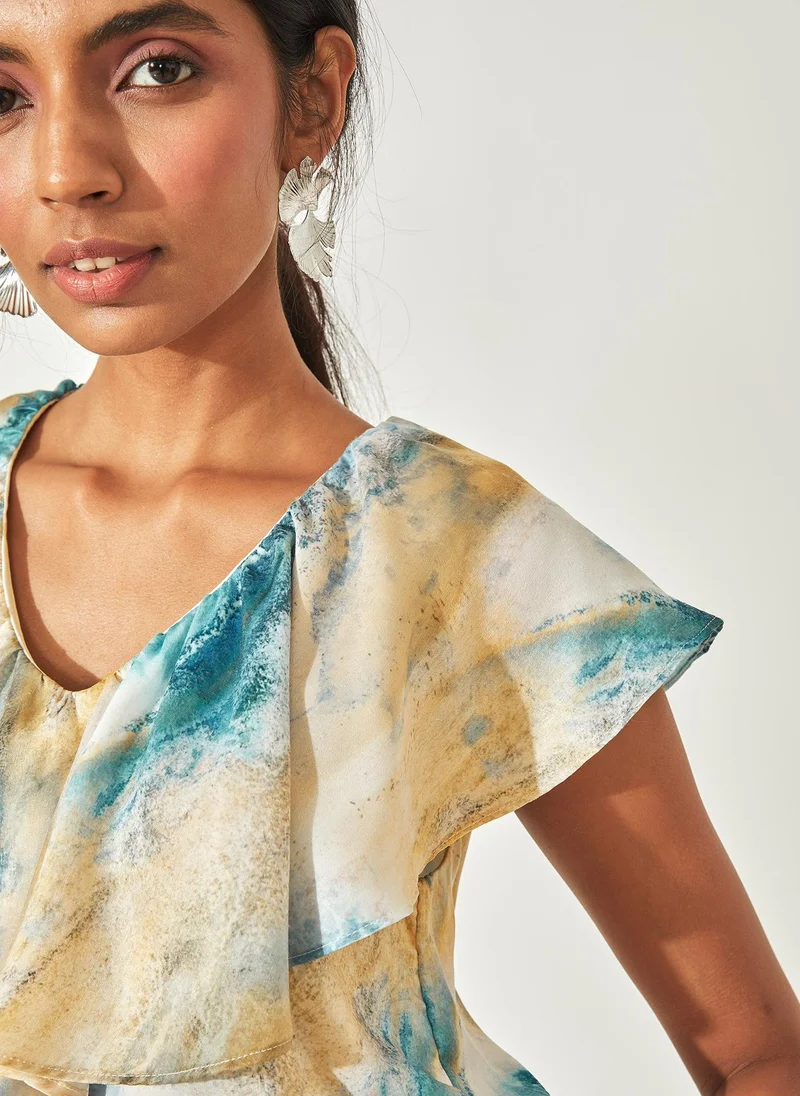 The Label Life The Label Life Women's Marble Print Ruffle Top - Multi, Multicolour