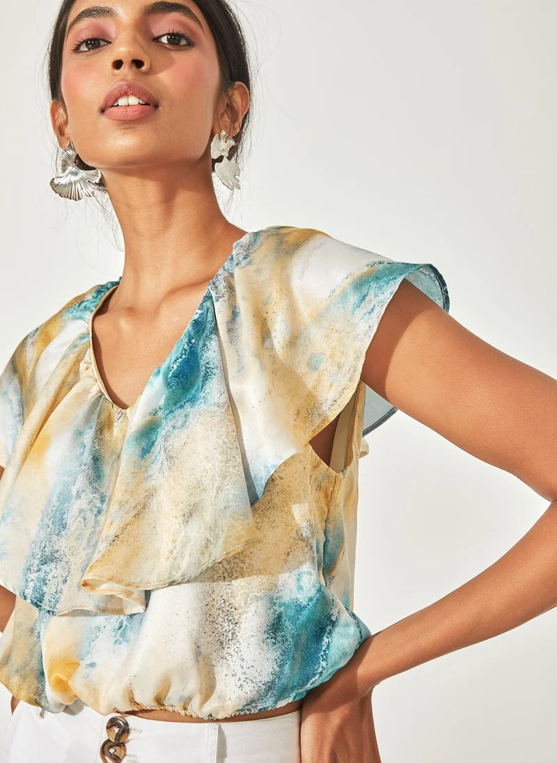 The Label Life The Label Life Women's Marble Print Ruffle Top - Multi, Multicolour