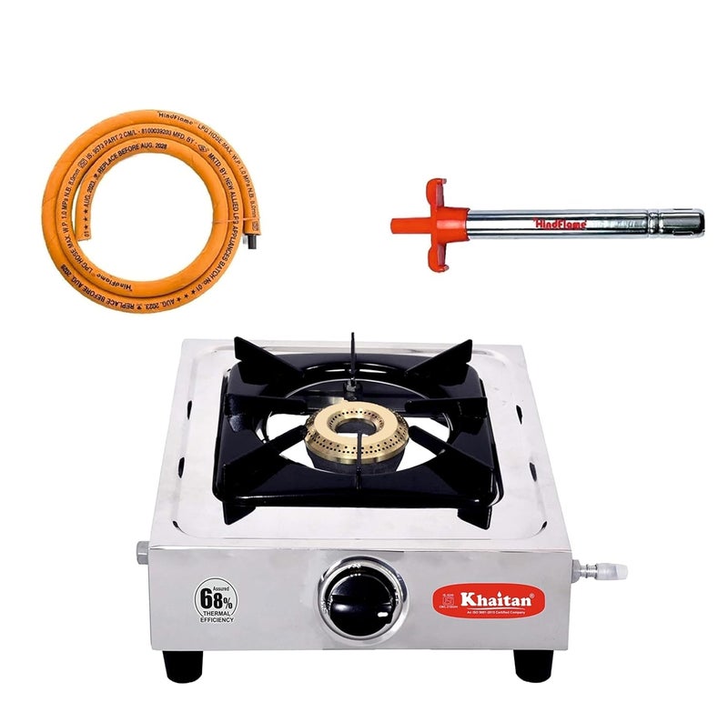 Khaitan Combo - 1 unit Khaitan 1 Burner Classic Stainless Steel Manual Gas Stove+ 1 unit HF Kitchen Lighter + 1 unit HF LPG Hose Pipe (1.5 mtr) (1B Classic & Hose Pipe, Lighter Combo) - Image 1