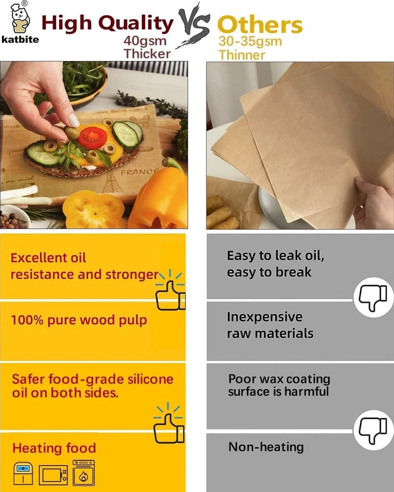 katbite ورق تغليف السندويشات كاتبايت 130 قطعة 10 بوصة، ورق دلي قوي، ورق مقاوم للدهون وغير لاصق، ورق برشمان غير مبيض مقصوص مسبقًا مثالي لتغليف الخبز، البرغر والسندويشات - Image 3