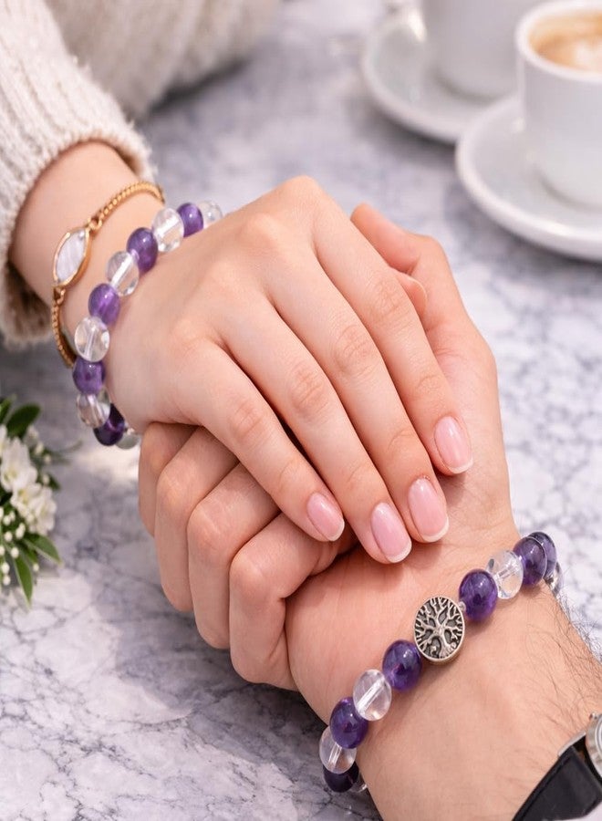 SUKHAD سوار من الجمشت والكوارتز الصافي مع تعليقة شجرة الحياة | سوار من خرز الكريستال العلاجي للرجال والنساء | سوار من الأحجار الكريمة للطاقة الإيجابية وتخفيف التوتر والحماية | مطاط قابل للتمدد 8 مم - Image 2