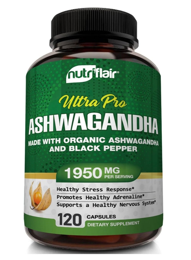 NutriFlair Organic Ashwagandha with Black Pepper 1950mg, 120 Capsules - Image 1
