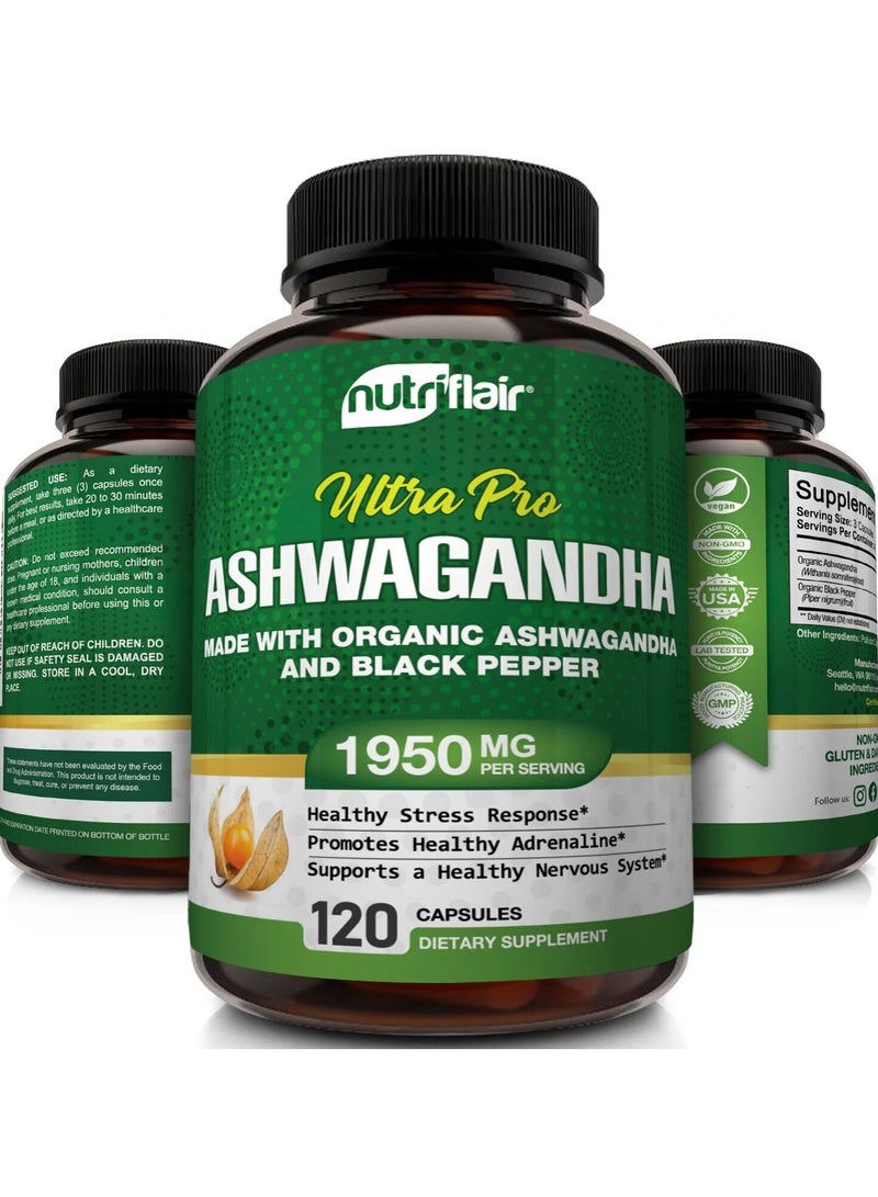 NutriFlair Organic Ashwagandha with Black Pepper 1950mg, 120 Capsules - Image 4