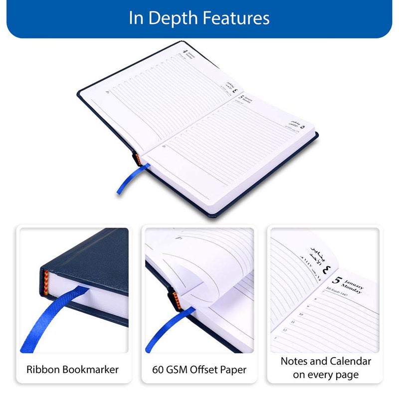 FIS مفكرة FIS 2026 A5، 148x210 مم، غلاف فينيل مبطن من جانب واحد مع زوايا مدورة، تنسيق يوم في صفحة، عربي/إنجليزي، ورق أبيض 60 جرام، غلاف أزرق - FSDI23AE26BL - Image 5
