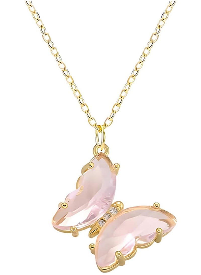 Julia Store - Dainty Butterfly Necklace 18K Gold Plated Stainless Steel Minimalist Cubic Zirconia Colored Butterfly Pendant Cute Crystal Butterfly Necklaces Gifts for Girls Women - Pink - Image 1