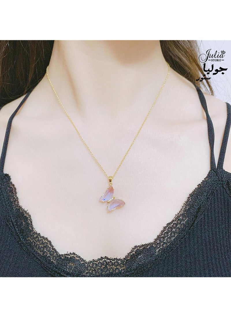 Julia Store - Dainty Butterfly Necklace 18K Gold Plated Stainless Steel Minimalist Cubic Zirconia Colored Butterfly Pendant Cute Crystal Butterfly Necklaces Gifts for Girls Women - Pink - Image 1