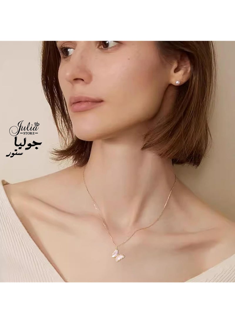 Julia Store - Dainty Butterfly Necklace 18K Gold Plated Stainless Steel Minimalist Cubic Zirconia Colored Butterfly Pendant Cute Crystal Butterfly Necklaces Gifts for Girls Women - Pink - Image 1