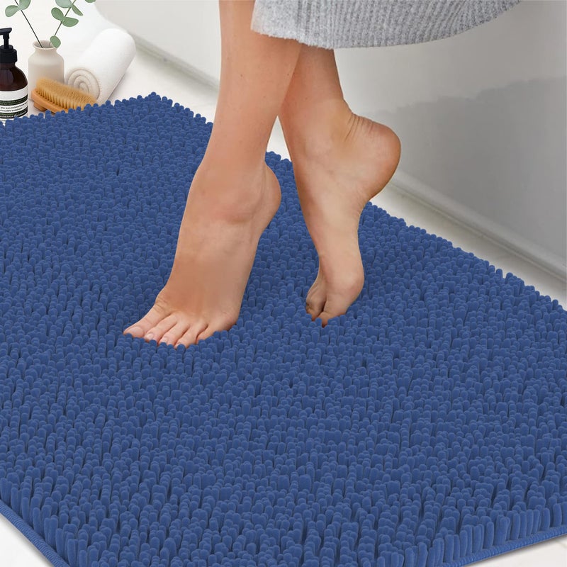 ITSOFT Plush Bathroom Rug 47x21, Absorbent Machine Washable Non Slip Chenille Bath Mats, Quick Dry Bathmat, Bath Rugs for Bath, Shower, Bedroom, or Door Mat, Dark Blue - Image 1