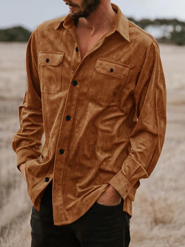 ZAFUL Men's Casual Button-Down Shirts Casual Western Long Sleeve Lightweight Shacket Jackets for Business Outfit (Brown S) - Image 3