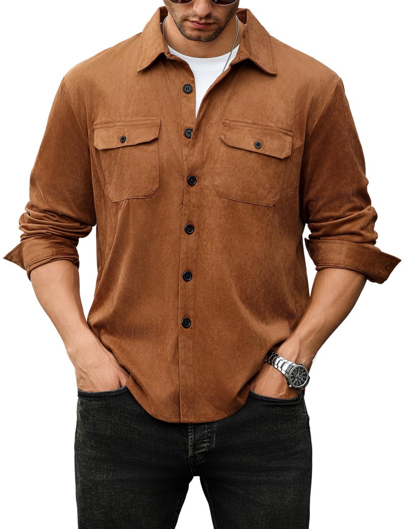 ZAFUL Men's Casual Button-Down Shirts Casual Western Long Sleeve Lightweight Shacket Jackets for Business Outfit (Brown S) - Image 1
